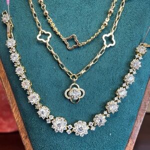 Elegant Gold & CZ Diamond Jewelry Set-Necklaces, Earrings, Bracelet & Ring